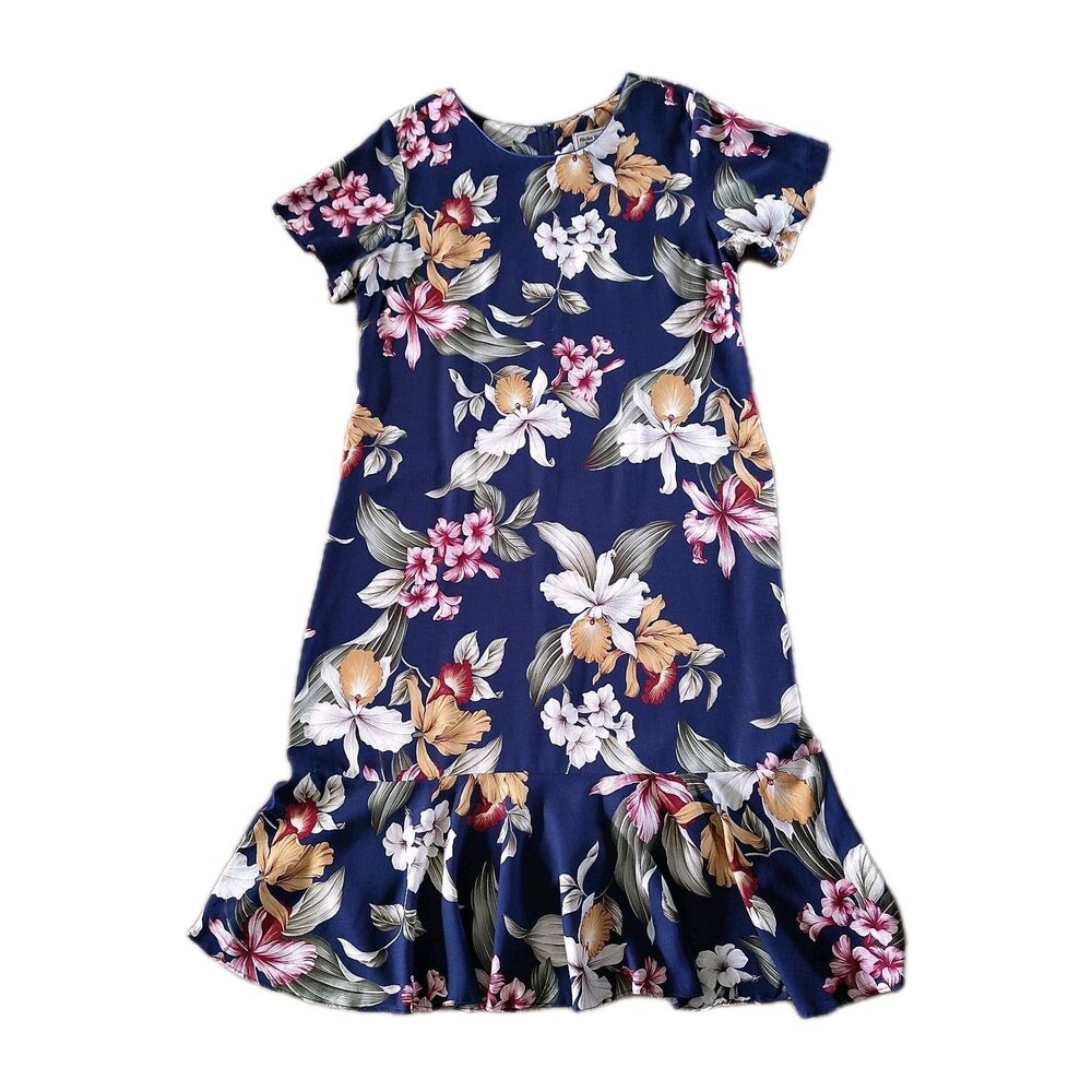 Aloha Hut Hawaii Women's XL Blue Floral Maxi Dress Tropical Ruffle Hem Island